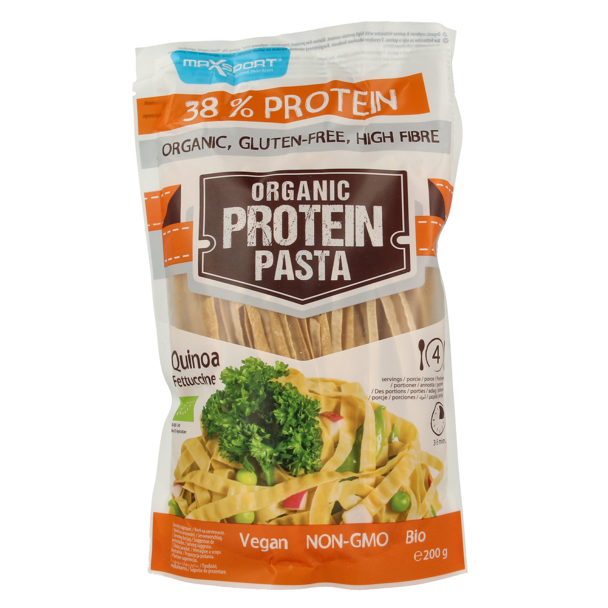 Max Sport Protein Quinoa Fettucine pasta in 200g package, gluten-free rice pasta with high protein content, ready for cooking.