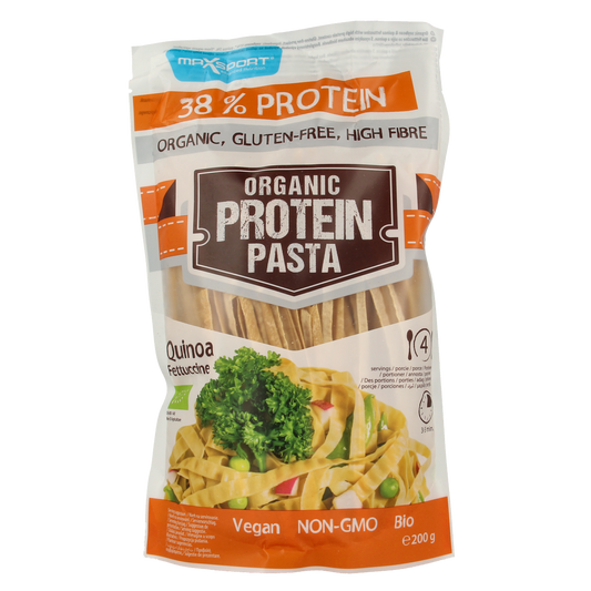 Max Sport Protein Quinoa Fettucine pasta in 200g package, gluten-free rice pasta with high protein content, ready for cooking.
