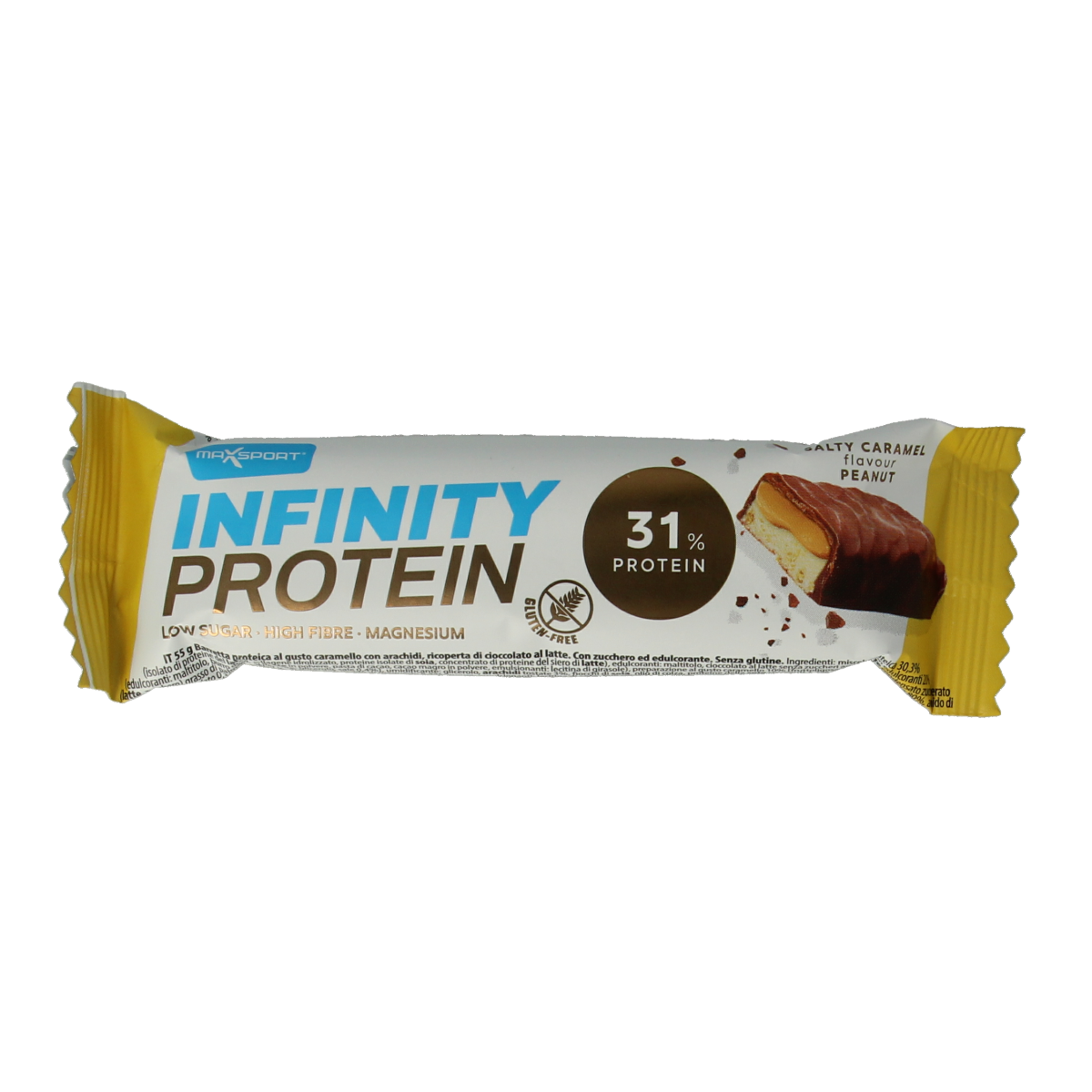 Max Sport Protein Infinity Reep salty caramel-peanut snack bar, 55g, with caramel and peanut ingredients, ideal for energy on the go.