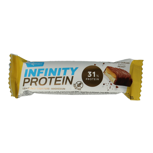 Max Sport Protein Infinity Reep salty caramel-peanut snack bar, 55g, with caramel and peanut ingredients, ideal for energy on the go.