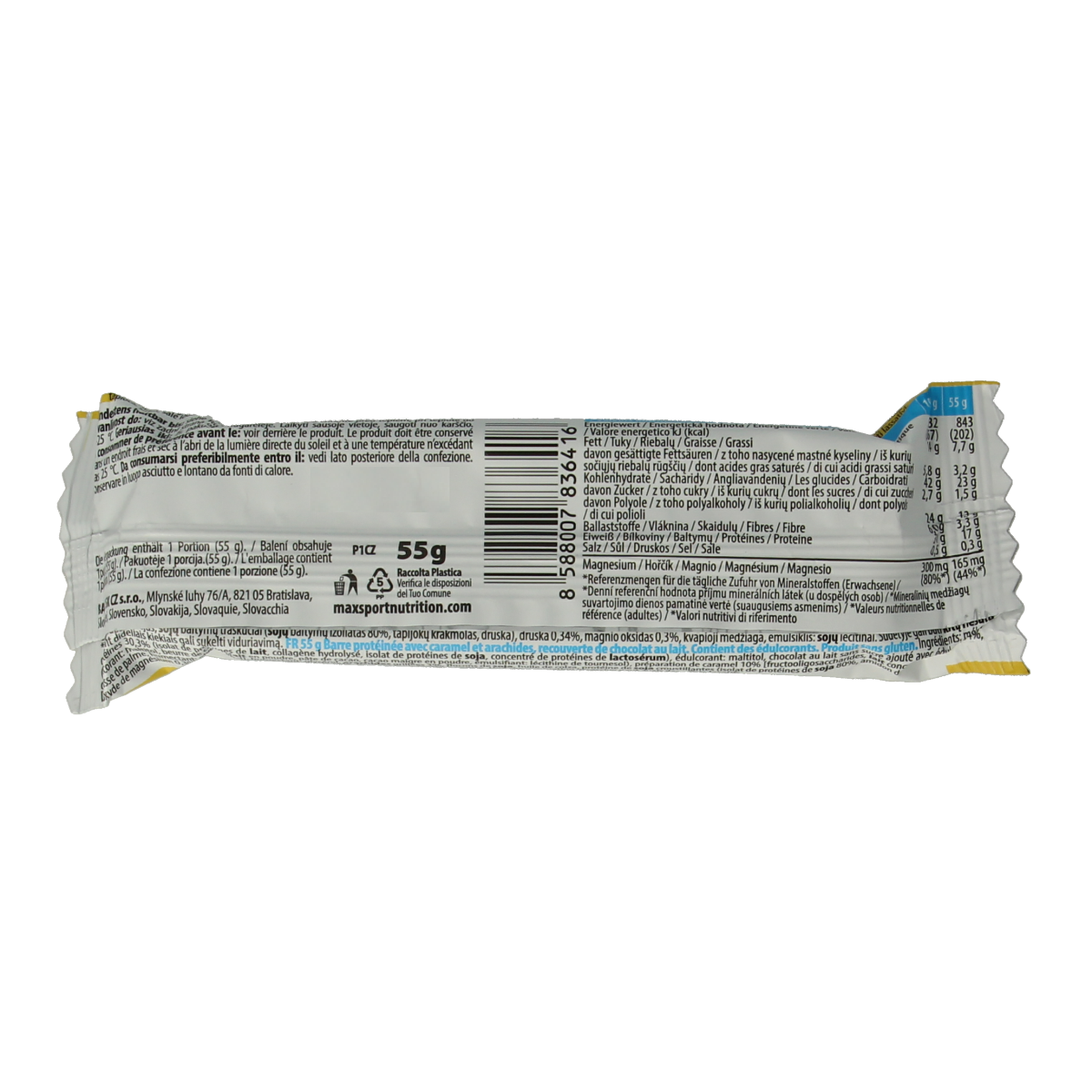 Max Sport Protein Infinity Reep salty caramel-peanut snack bar, 55g, showing the chocolate coating and caramel-peanut filling.