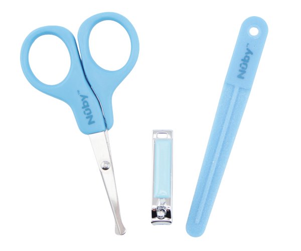 Nuby baby and toddler grooming set in blue, includes nail clippers and grooming tools, for gentle infant nail care.