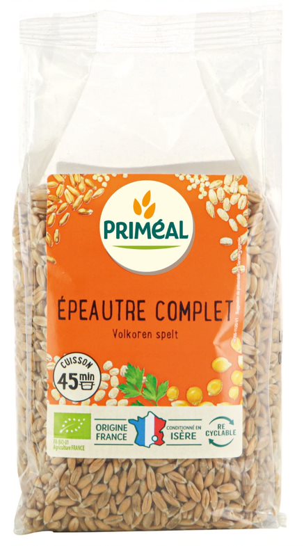 Primeal volkoren spelt bio ontbijtgranen in 500g package, showing whole spelt grains and packaging label.