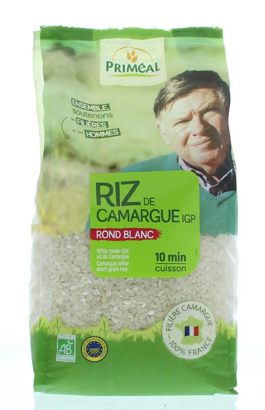 Primeal bio Camargue white round rice in a 1kg package, perfect for cooking and meal preparation in the pasta and rice category.