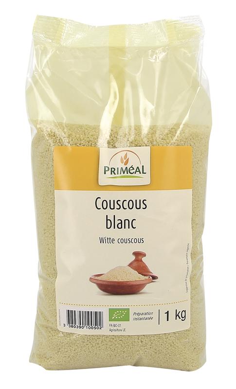 Primeal organic couscous, 1 kg, a type of pasta and rice blend, shown in a clear package with a natural, textured appearance.