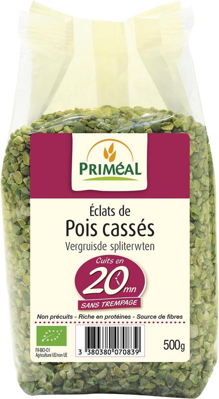 Primeal organic split yellow peas in a 500g package, shown as dried split peas ready for cooking or recipes.