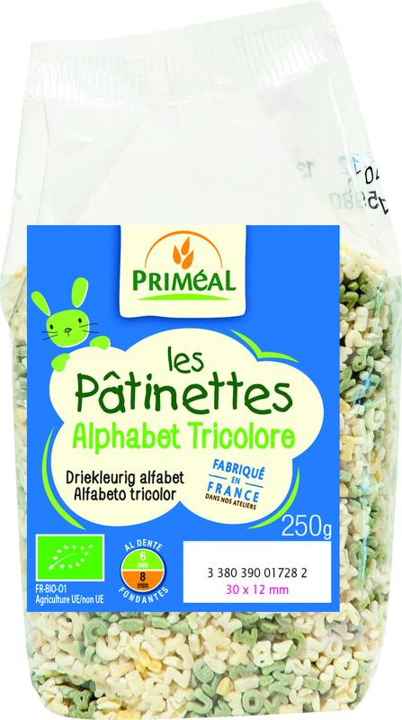 Primeal bio three-color alphabet pasta in 250g package, shows colorful pasta letters for cooking and educational fun.