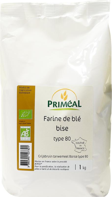 Primeal Grijsbruin tarwemeel borsa 80 bio, 1 kg natural wheat flour in a resealable bag for baking and cooking.