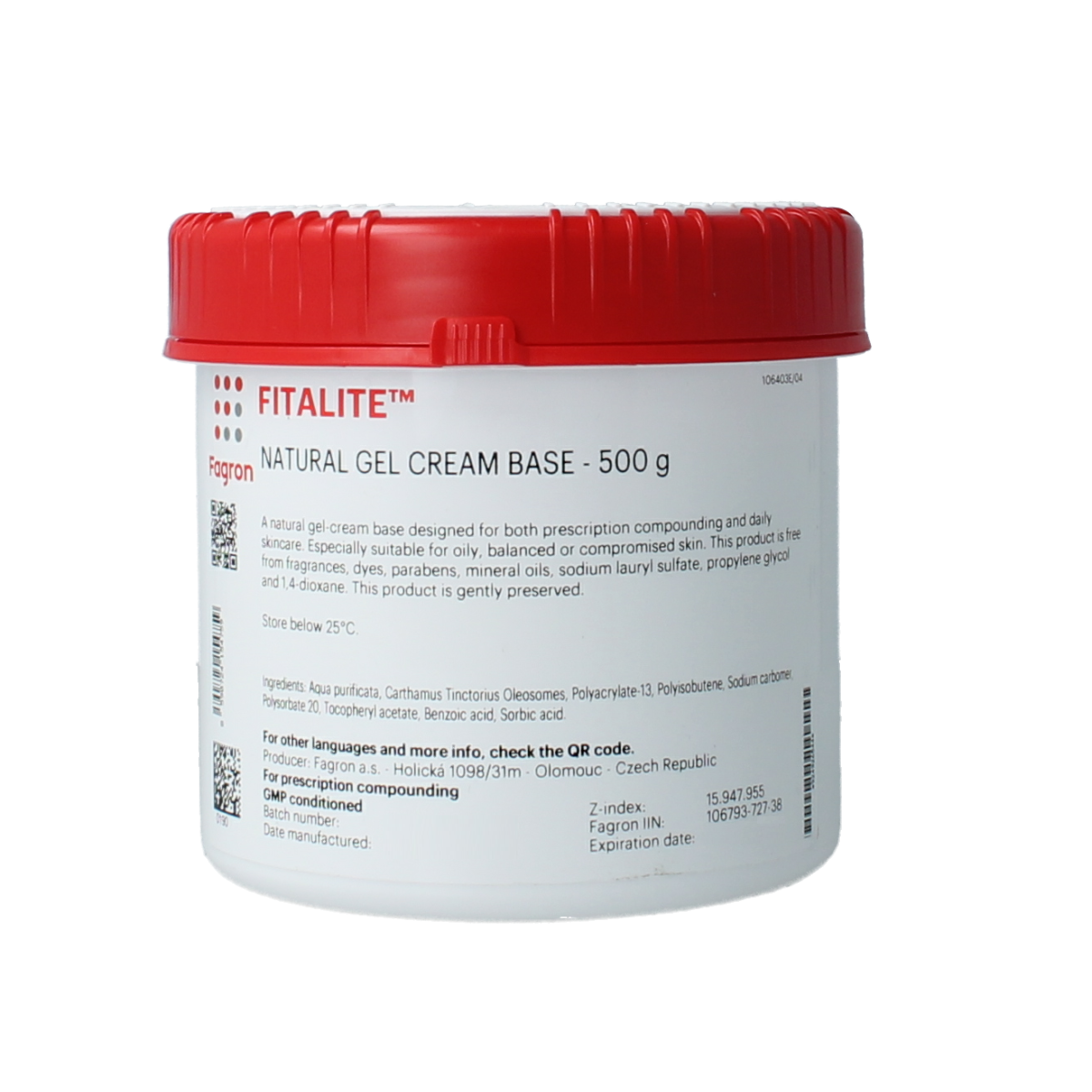 Fagron Fitalite gel creme in 500g jar, a body care product with smooth, creamy texture for skin nourishment.