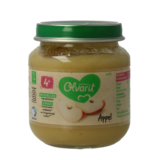 Olvarit Apple baby and toddler food pouch, 125g, featuring fresh apple puree in a convenient packaging.