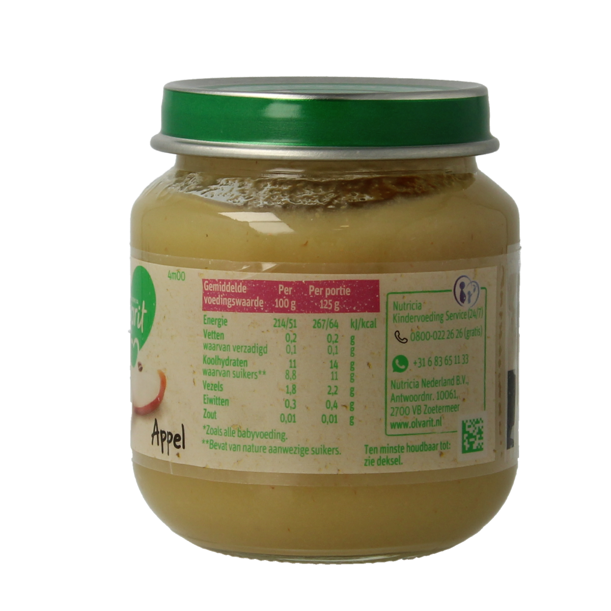 Olvarit apple baby and toddler food in 125g pack, suitable for infants and young children, showing a colorful fruit puree container.