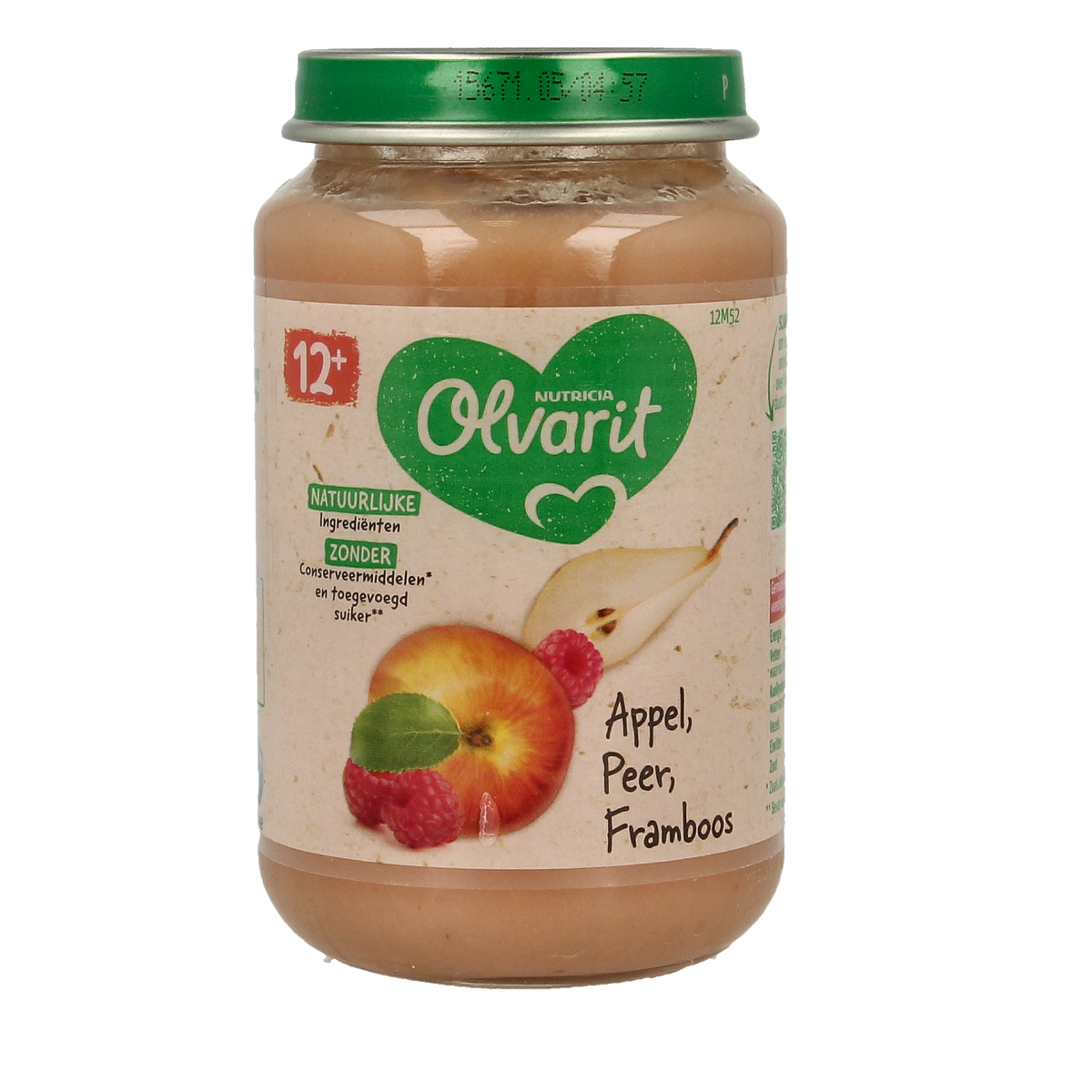 Olvarit baby apple, pear, and raspberry puree in 200g jar, suitable for 12 months and older, with fresh fruit visuals.