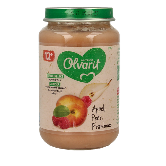 Olvarit baby apple, pear, and raspberry puree in 200g jar, suitable for 12 months and older, with fresh fruit visuals.