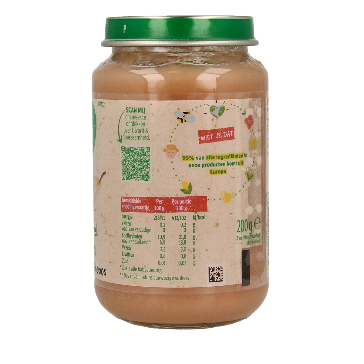 Olvarit baby and toddler apple, pear, raspberry fruit puree in a 200g jar, suitable for children 12 months and older.