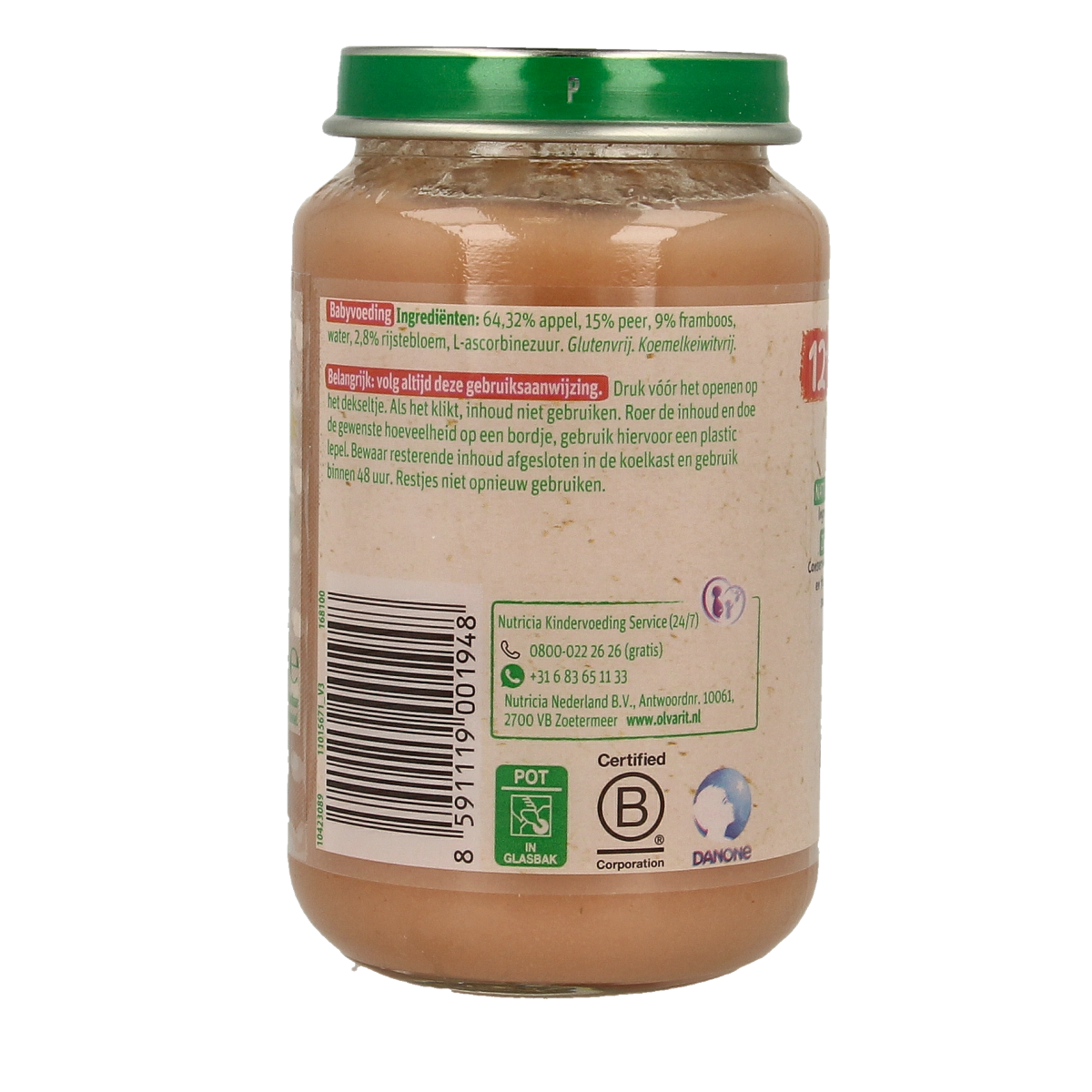 Olvarit baby and toddler apple, pear, and raspberry fruit puree in 200g jar, suitable for 12 months and older.