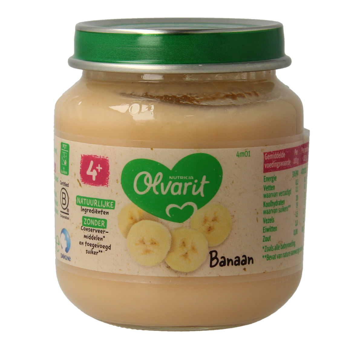 Olvarit baby banana puree in 125g package, suitable for infants and toddlers, with a close-up of the product label and packaging.