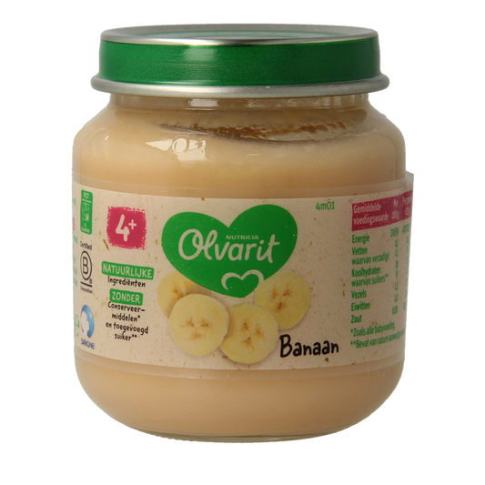 Olvarit baby banana puree in 125g package, suitable for infants and toddlers, with a close-up of the product label and packaging.