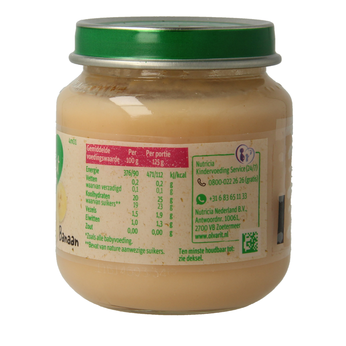 Olvarit baby banana puree in 125g jar, suitable for infants and toddlers, with a smooth, yellow banana appearance.