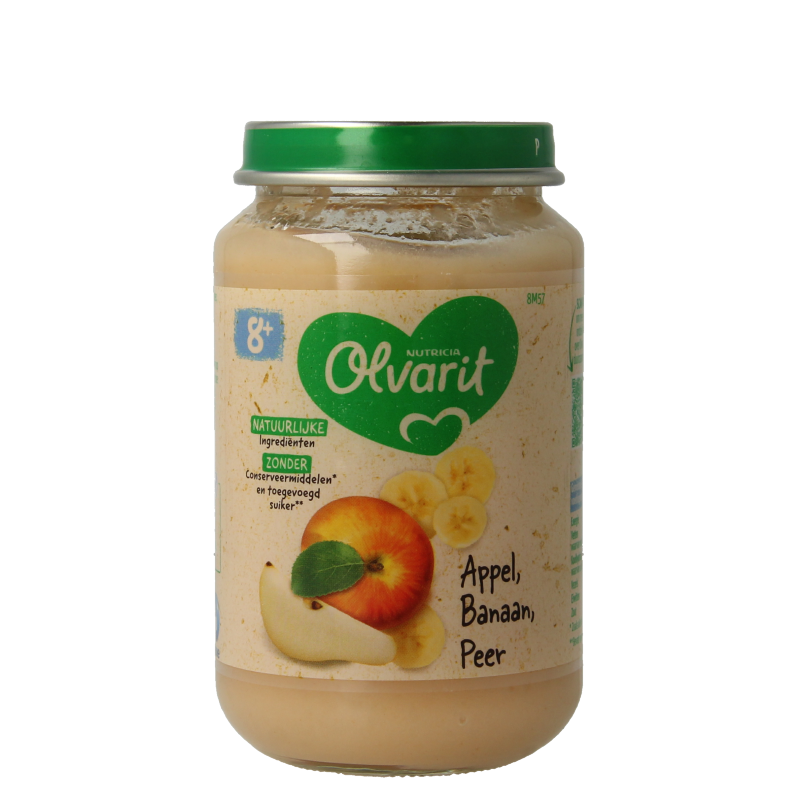 Olvarit baby food jar with apple, banana, and pear flavor for infants aged 8 months and older, 200 grams.