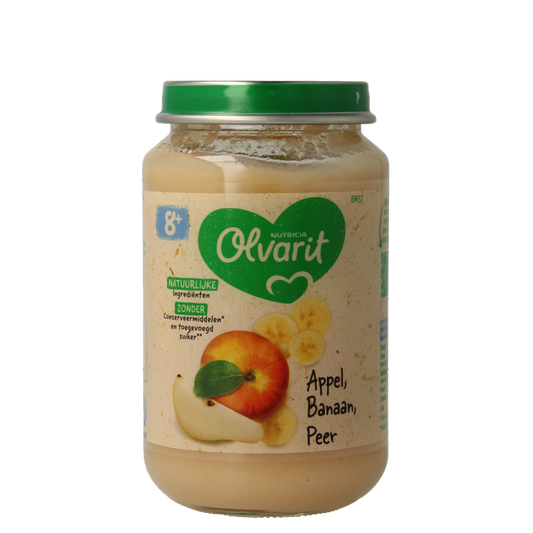 Olvarit baby food jar with apple, banana, and pear flavor for infants aged 8 months and older, 200 grams.