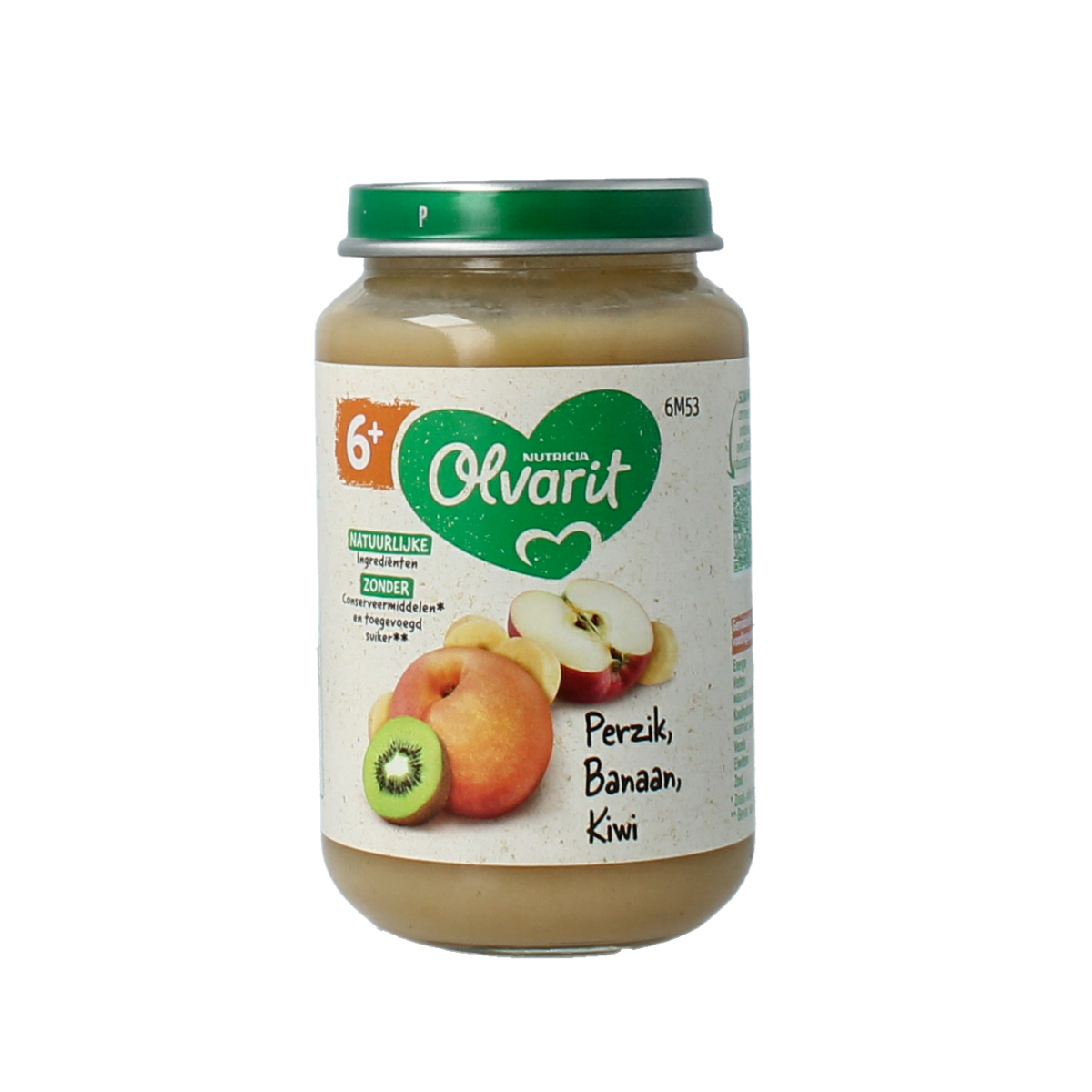 Olvarit baby food with peach, banana, and kiwi in 200g container, suitable for babies 6 months and older.