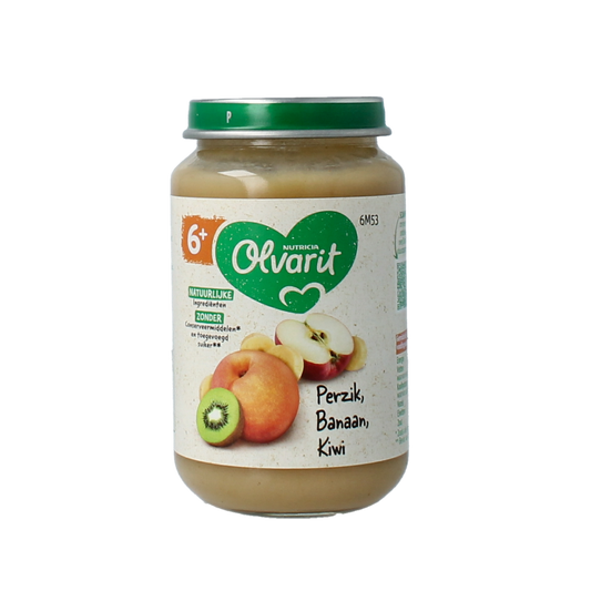 Olvarit baby food with peach, banana, and kiwi in 200g container, suitable for babies 6 months and older.