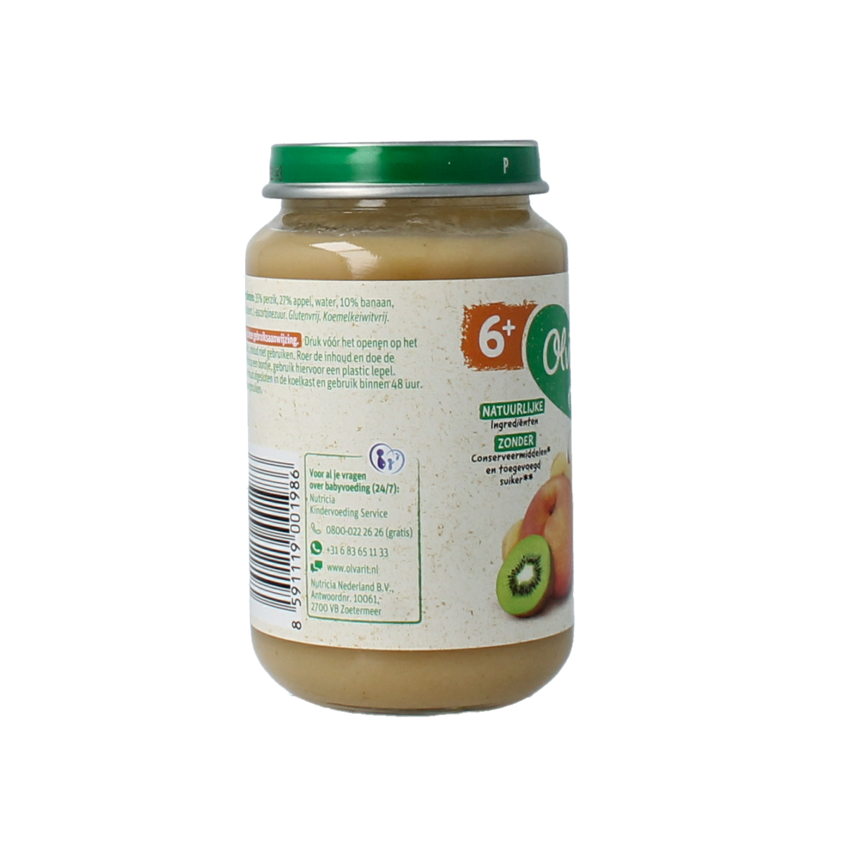 Olvarit baby food pouch with peach, banana, and kiwi for infants, 200 grams, showing the colorful fruit ingredients.