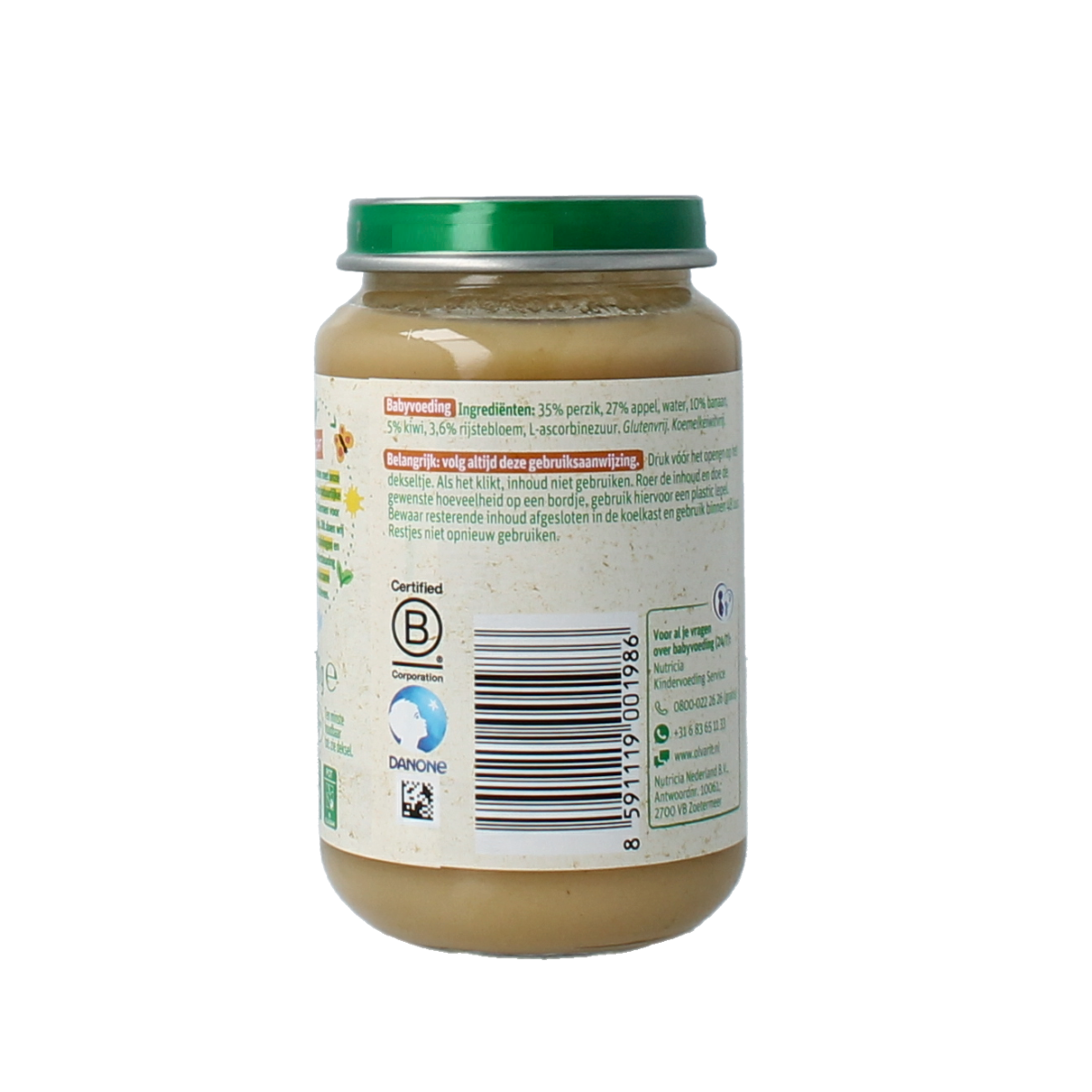 Olvarit baby food jar with peach, banana, and kiwi flavor, 200g, suitable for 6 months and older, featuring fresh fruit ingredients.