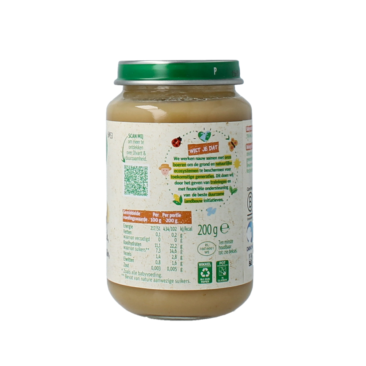 Olvarit baby food pouch with peach, banana, and kiwi for 6 months and older, 200 grams, featuring fresh fruit ingredients.