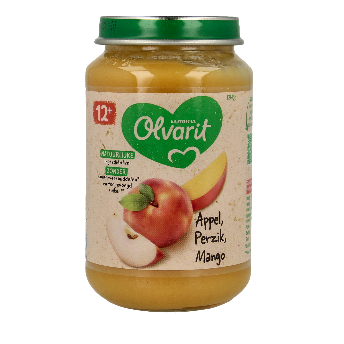Olvarit baby food jar with apple, peach, and mango puree in a 200g container, suitable for 12 months and older.