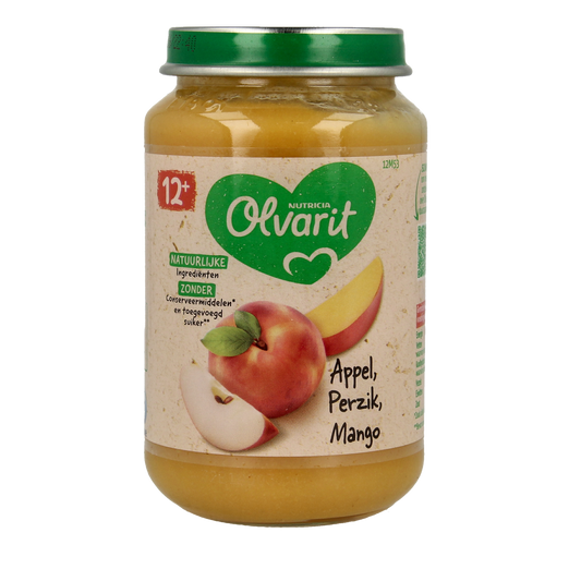 Olvarit baby food jar with apple, peach, and mango puree in a 200g container, suitable for 12 months and older.