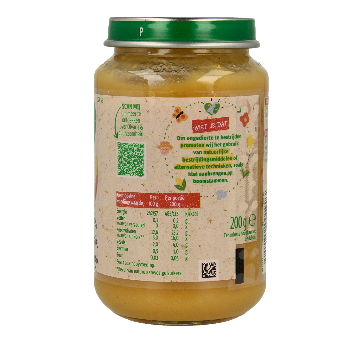 Olvarit baby fruit puree with apple, peach, and mango in 200g jar, suitable for babies 12 months and older.