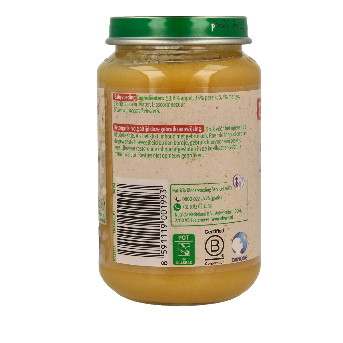 Olvarit baby food jar with apple, peach, and mango flavor, 200g for babies and toddlers, product code 12M53.