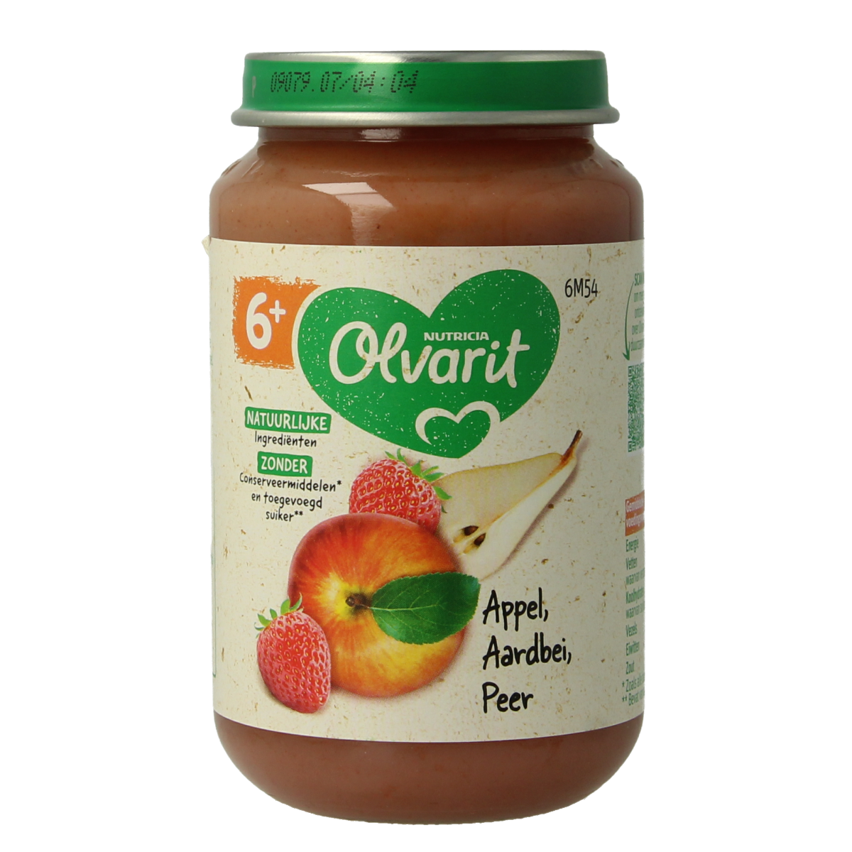 Olvarit baby fruit puree with apple, strawberry, and pear in a 200g jar, suitable for infants 6 months and older.