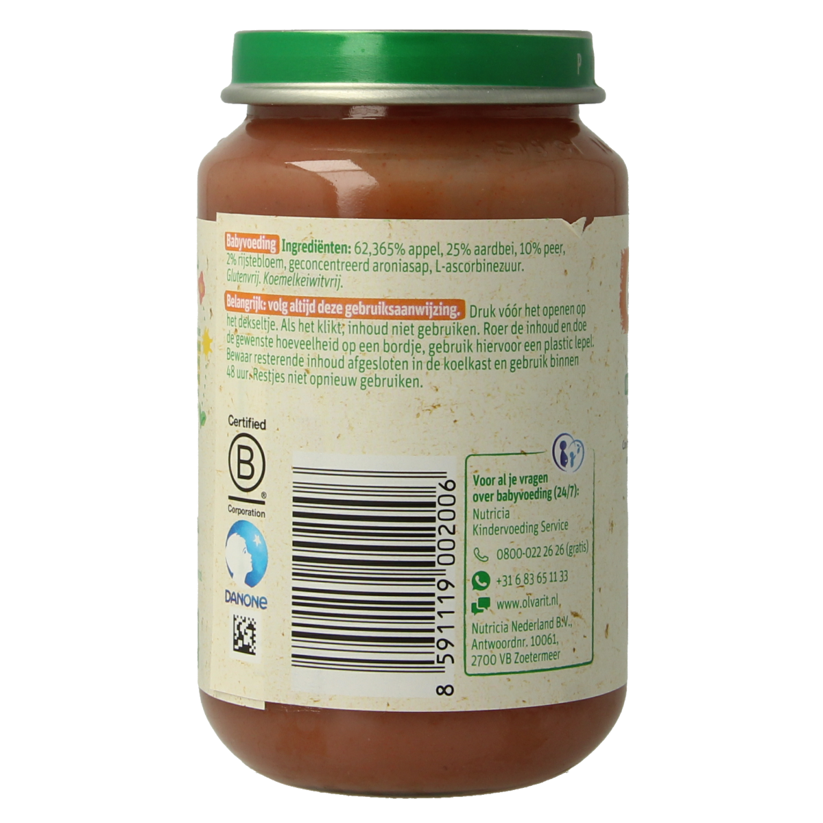 Olvarit baby food jar with apple, strawberry, and pear flavor, 200g, for infants aged 6 months and older.