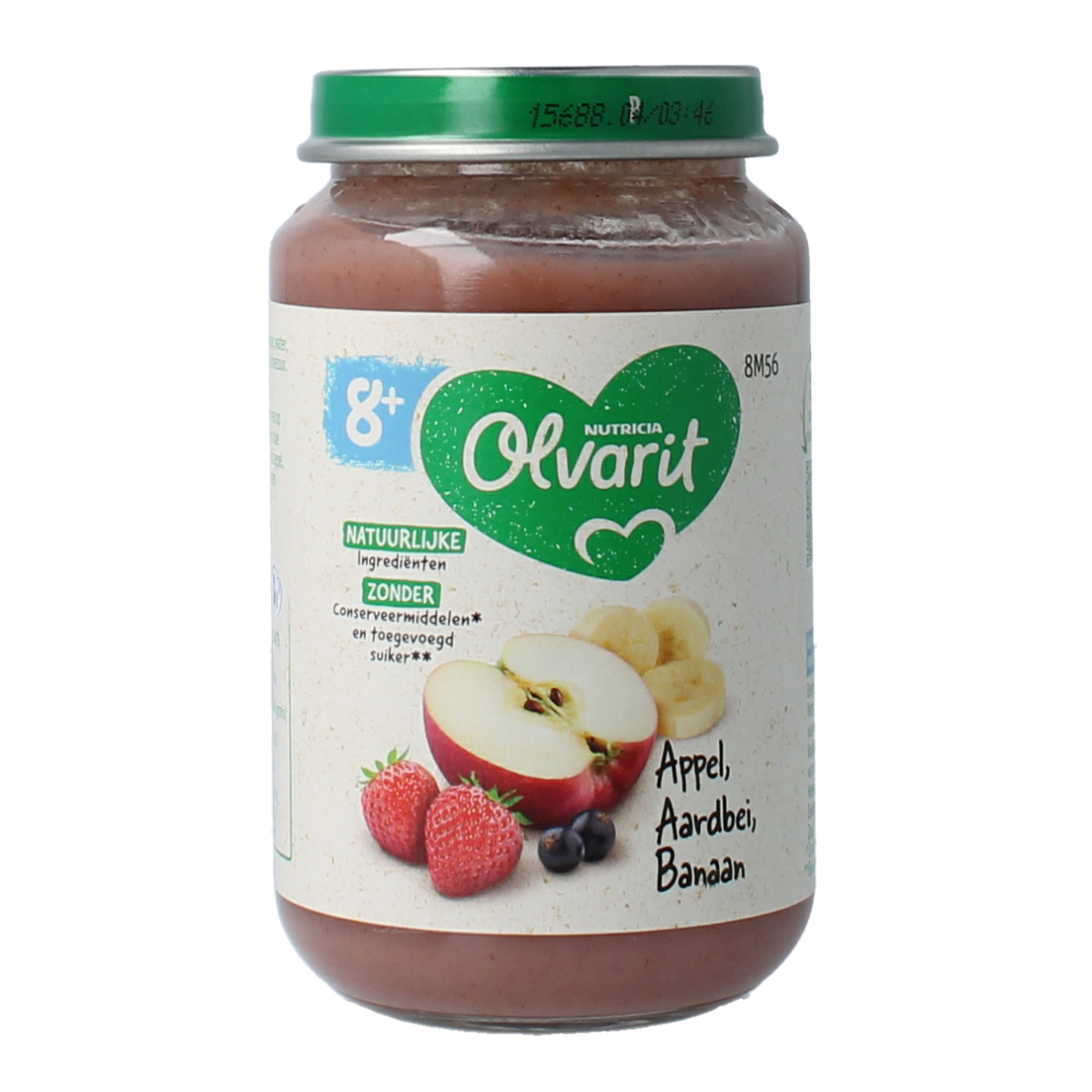 Olvarit baby food jar with apple, strawberry, banana flavor, 200g, showing the colorful fruit puree inside.