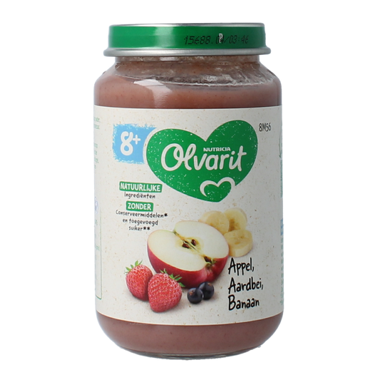 Olvarit baby food jar with apple, strawberry, banana flavor, 200g, showing the colorful fruit puree inside.
