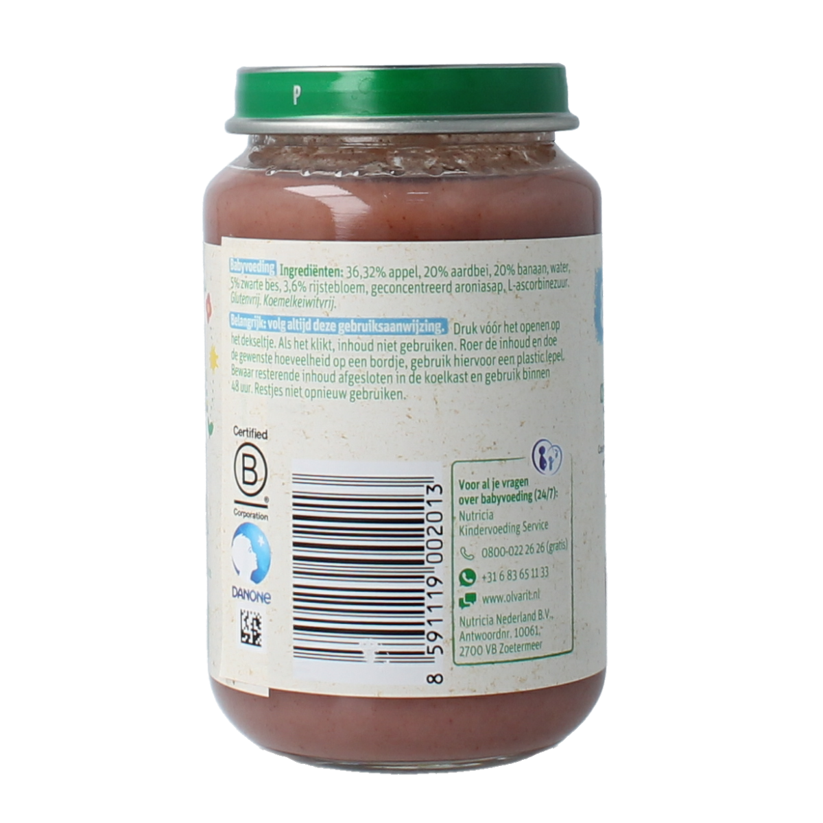 Olvarit baby food jar with apple, strawberry, and banana flavor for 8 months and older, 200 grams.