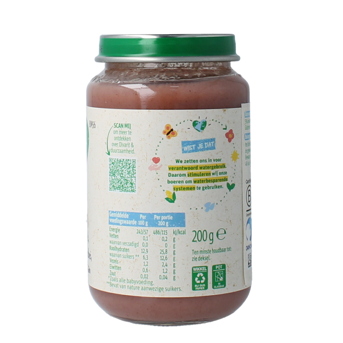 Olvarit baby fruit puree jar with apple, strawberry, and banana for ages 8 months and older, 200 grams.