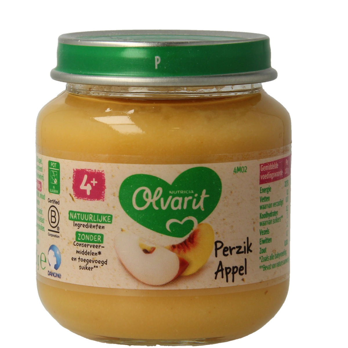 Olvarit baby food with peach and apple in 125g container, suitable for babies from 4 months old, featuring fresh fruit ingredients.