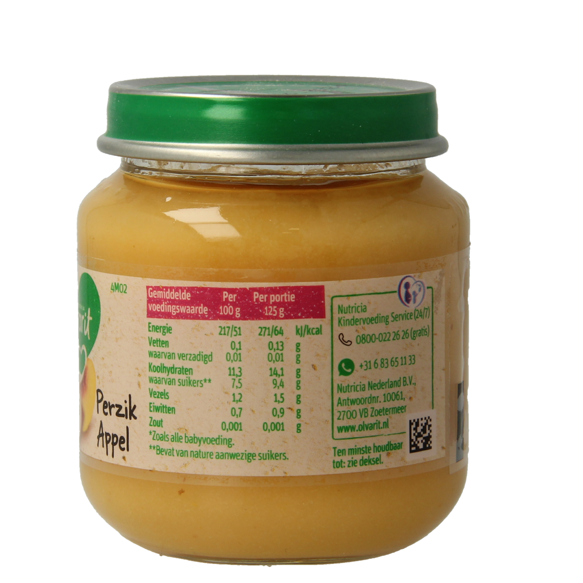 Olvarit baby peach and apple puree in 125g jar, suitable for infants 4 months and older, with fresh fruit images on the label.