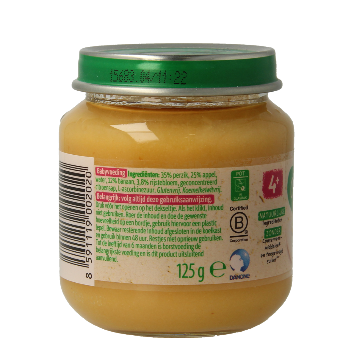 Olvarit baby peach and apple puree in 125g jar, suitable for 4 months and older, with fresh fruit images on the packaging.