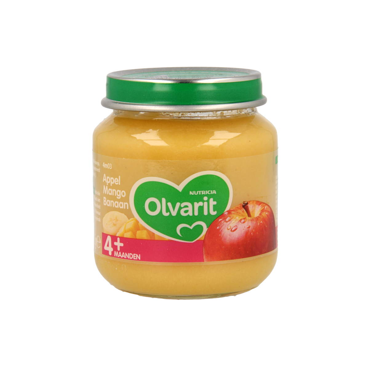 Olvarit baby fruit puree with apple, mango, and banana in 125g container, suitable for babies and toddlers.