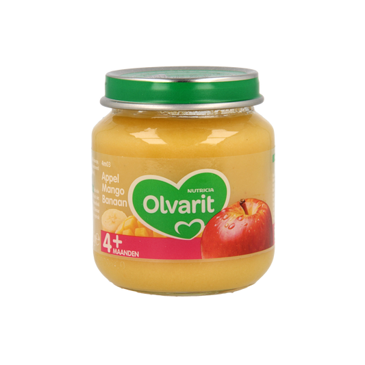 Olvarit baby fruit puree with apple, mango, and banana in 125g container, suitable for babies and toddlers.