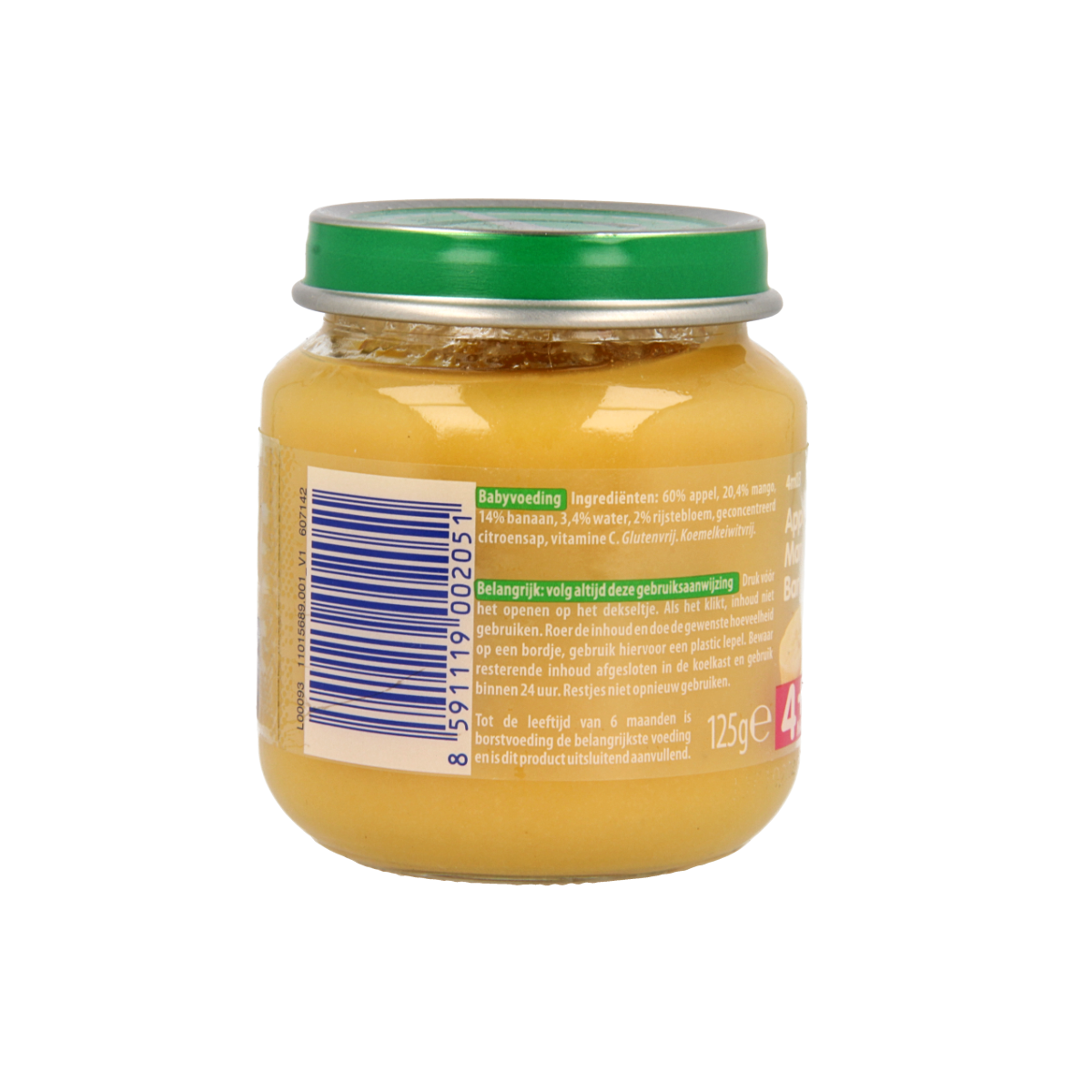 Olvarit baby food pouch with apple, mango, and banana, 125g, for infants and toddlers, showing colorful fruit blend on a pouch