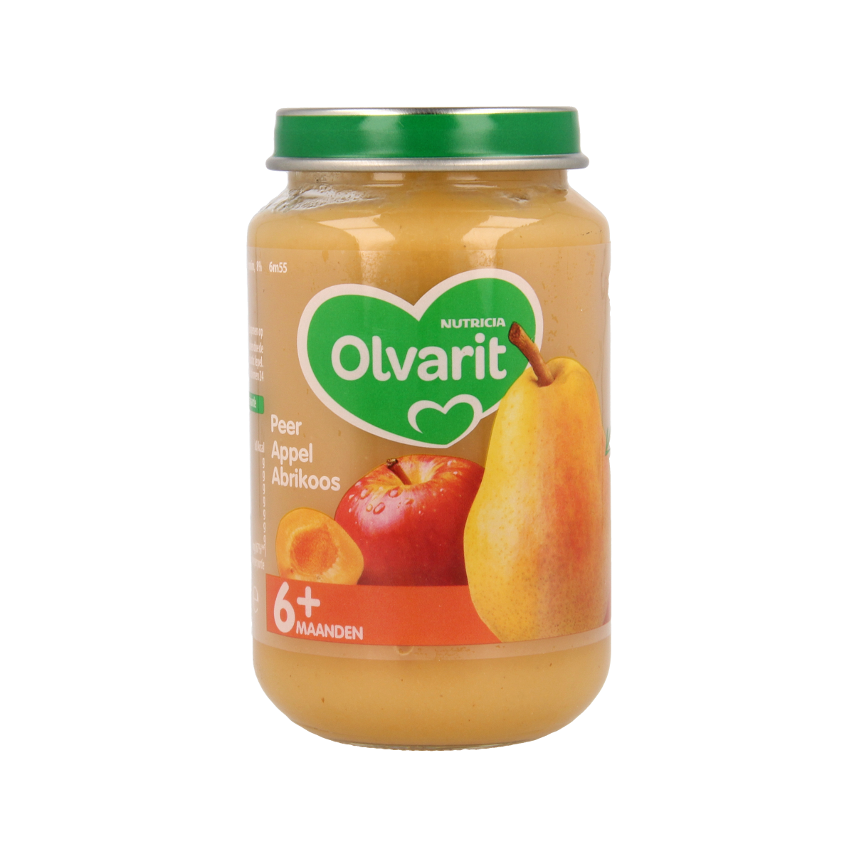 Olvarit baby peer appel abrikoos fruit puree in 200g jar, suitable for infants and toddlers, with fresh fruit ingredients.