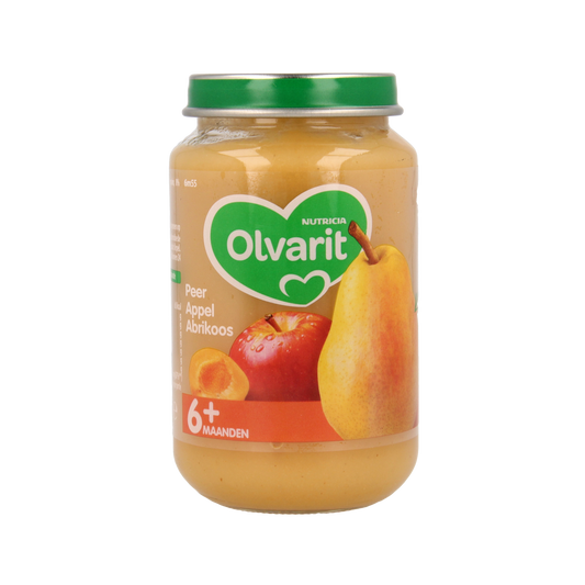 Olvarit baby peer appel abrikoos fruit puree in 200g jar, suitable for infants and toddlers, with fresh fruit ingredients.