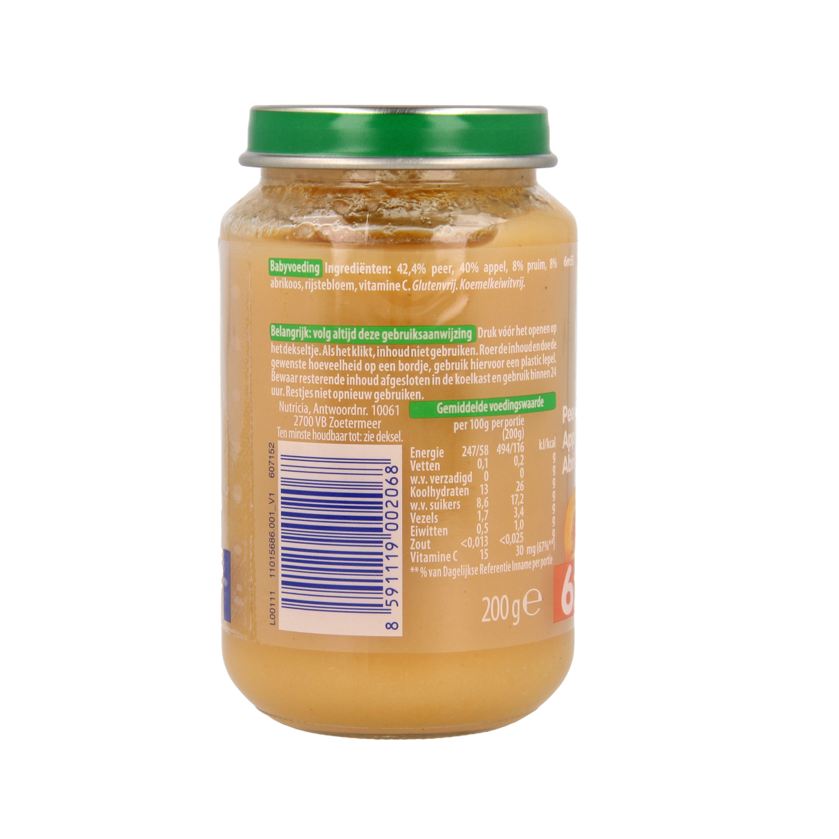 Olvarit baby peer en appel abrikoos puree in 200g jar, suitable for babies and toddlers, with label showing fruit images.