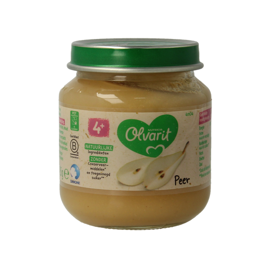 Olvarit Peer baby and toddler food in 125g package, fresh pear puree for infants and young children.