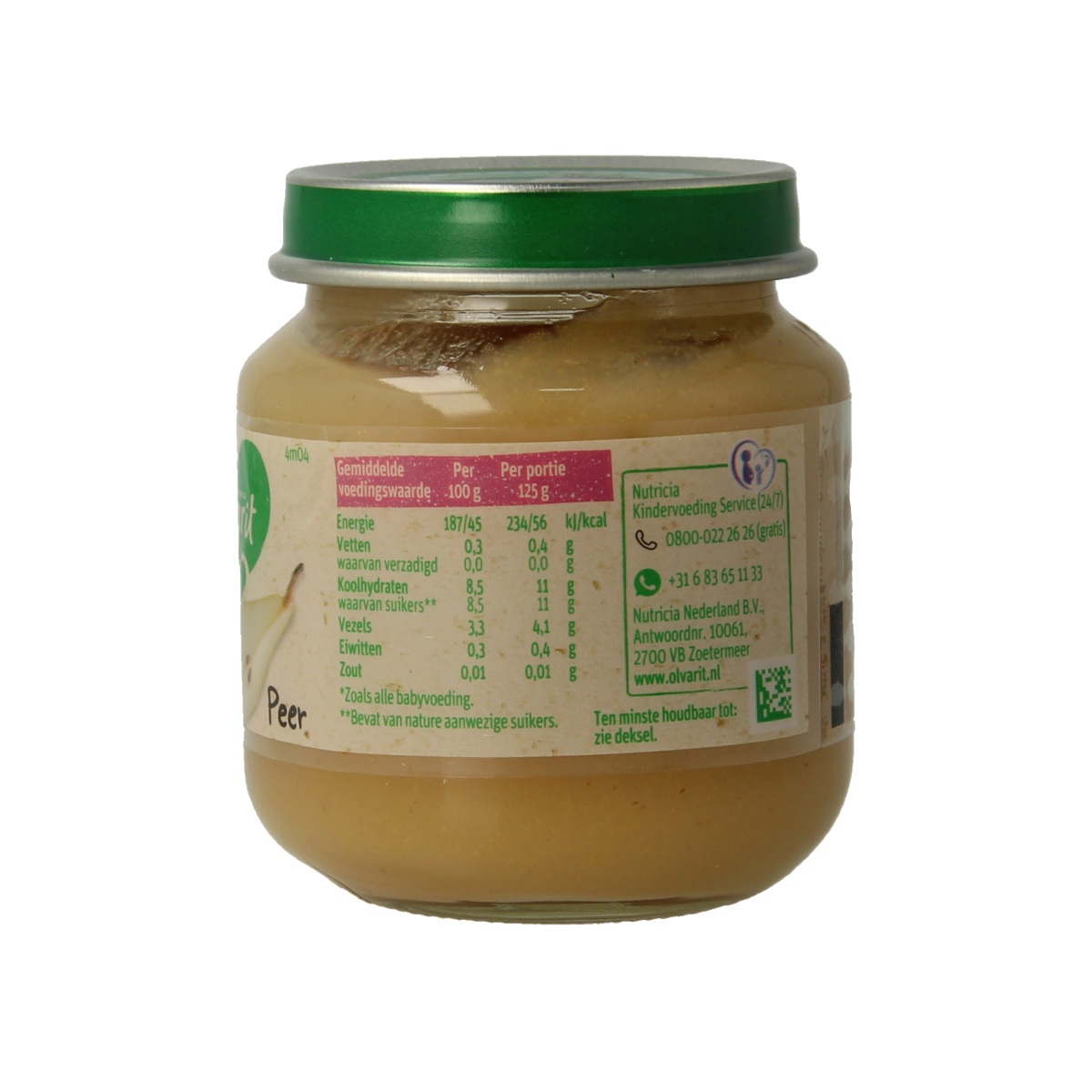 Olvarit Peer baby and toddler food in 125g container, soft pear puree for infants and young children.